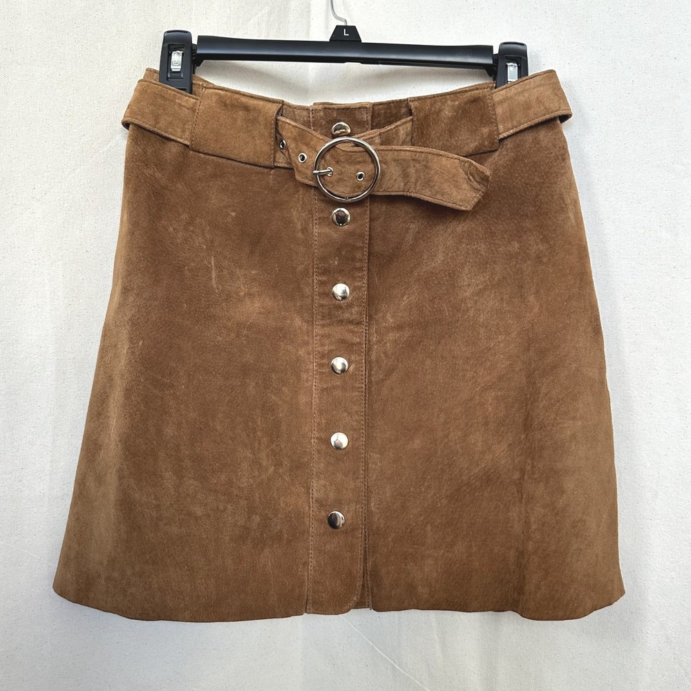 ZARA WOMAN Brown Suede Leather A Line Snap Front Belted Mini Skirt S 90s Biker - Picture 2 of 10